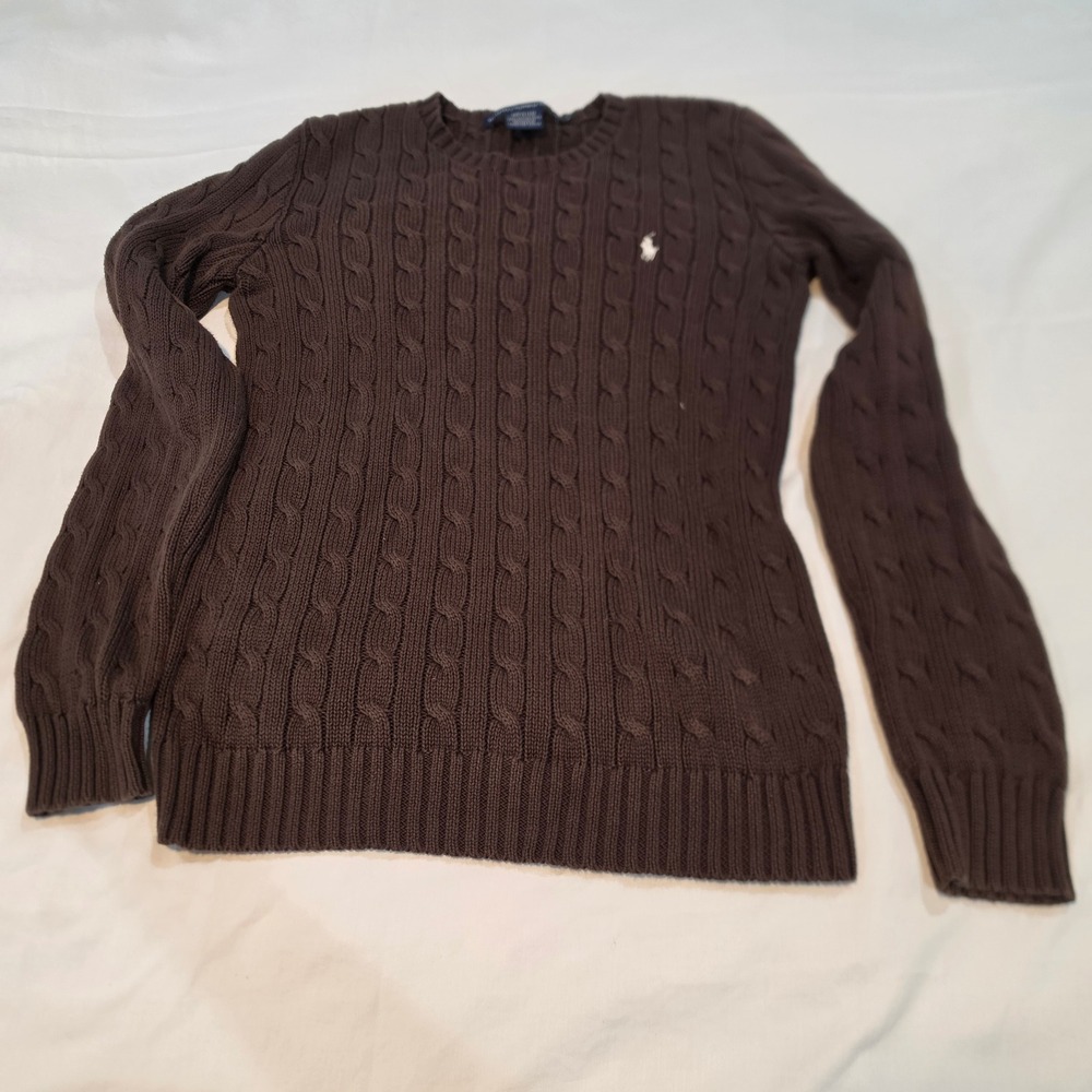 Ralph Lauren Sport Cable Knit Sweater Womens M Brown Excellent Cotton Crewneck